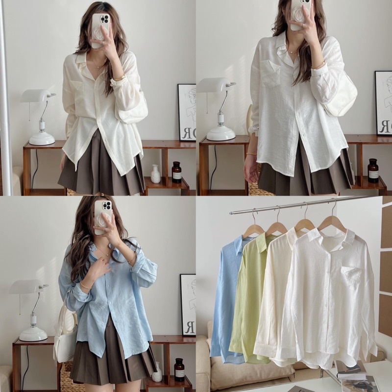 [Ảnh thật/Video]Áo sơ mi lụa đũi thiết kế nắp túi cách điệu siêu xinh