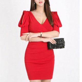 Đầm body big size tay phồng cổ tim màu đỏ size đại 75-110 kg