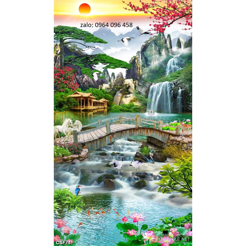 Tranh ốp tường 3D Sơn Thủy Hữu tình, Tranh dán Cửa ra vào, vách ngăn Khổ Dọc - nhận in ấn ấn theo yêu cầu - CFS71