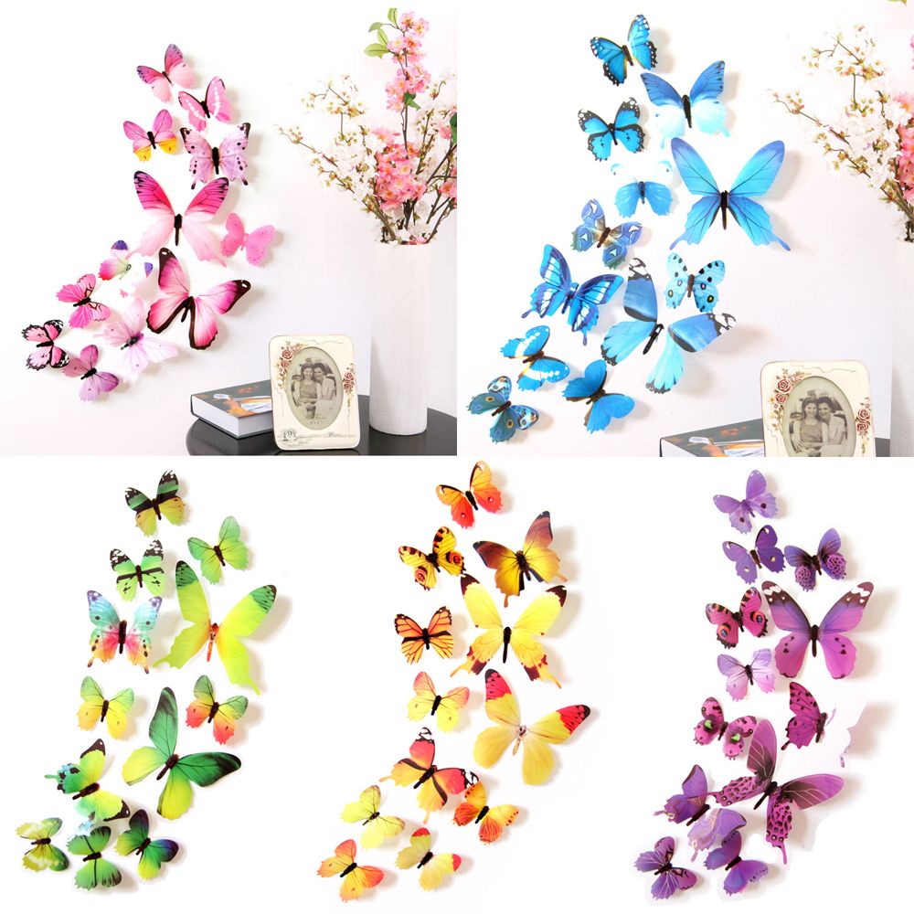 Set 12 Sticker Dán Tường Hình Cánh Bướm 3d Nhiều Màu Sắc