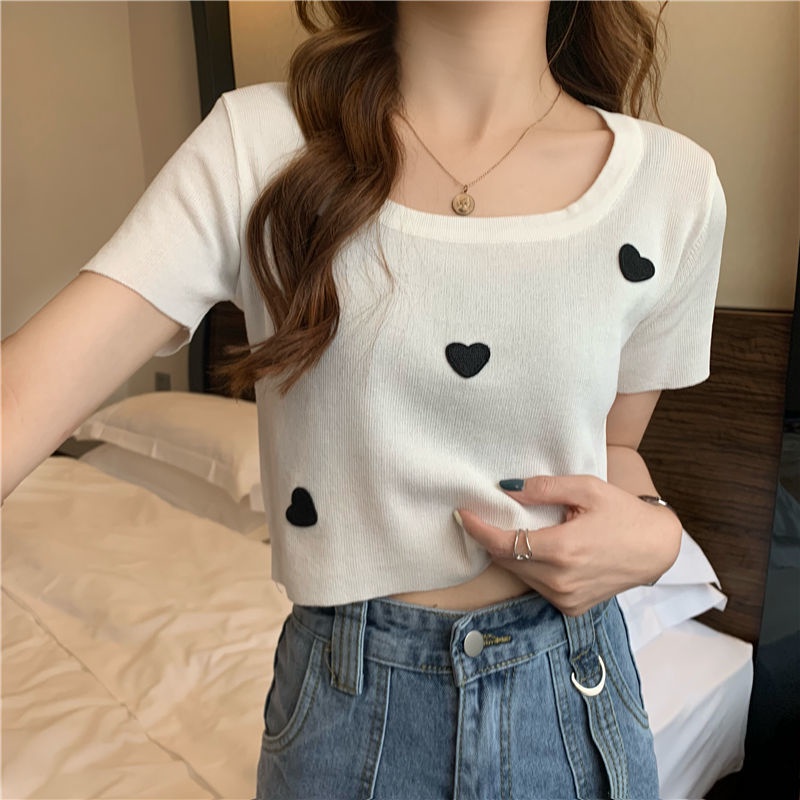 Áo Thun Dệt Kim Mỏng Tay Ngắn Dáng Ôm Thiết Kế Amoi Sense Niche Love Cho Nữ
