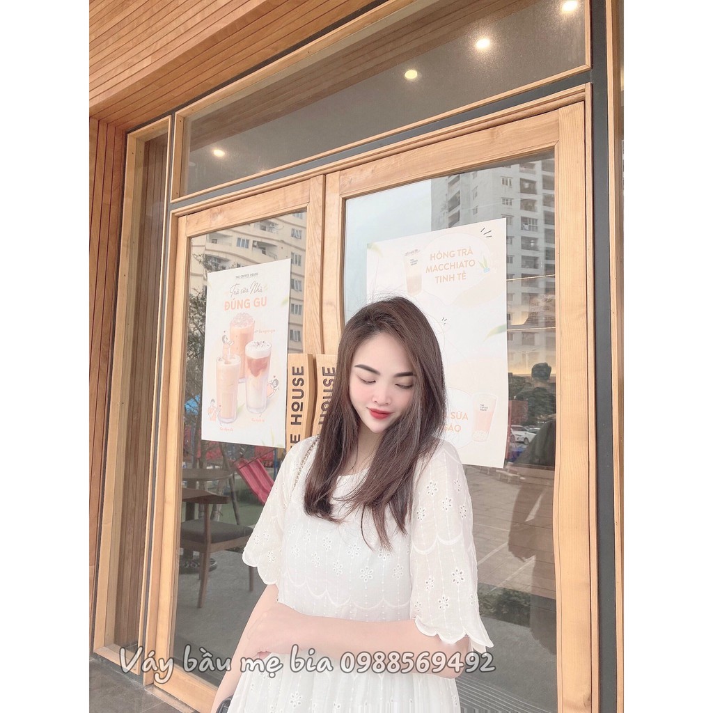 Váy bầu bigsize 40-100Kg GuMe màu trắng chất vải thô thêu hoa 2 lớp lỗ 3 tầng size từ 40-100 kg MB225