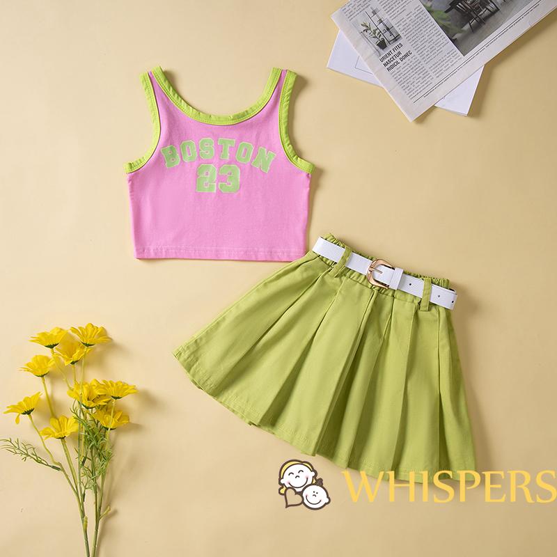 WHISPERS-Toddler Girls Set Letter Print Sleeveless Tank Tops + Solid Color Pleated Skirts + Waist Belt Summer