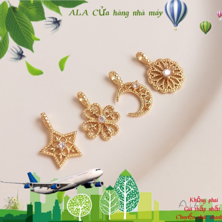 💖Trang sức DIY phụ kiện💖Vòng Tay Mạ Vàng 14K Đính Đá Zircon Hình Cỏ Bốn Lá Mặt Trăng Ngôi Sao Bốn Lá DIY【Mặt dây chuyền / Hạt treo】