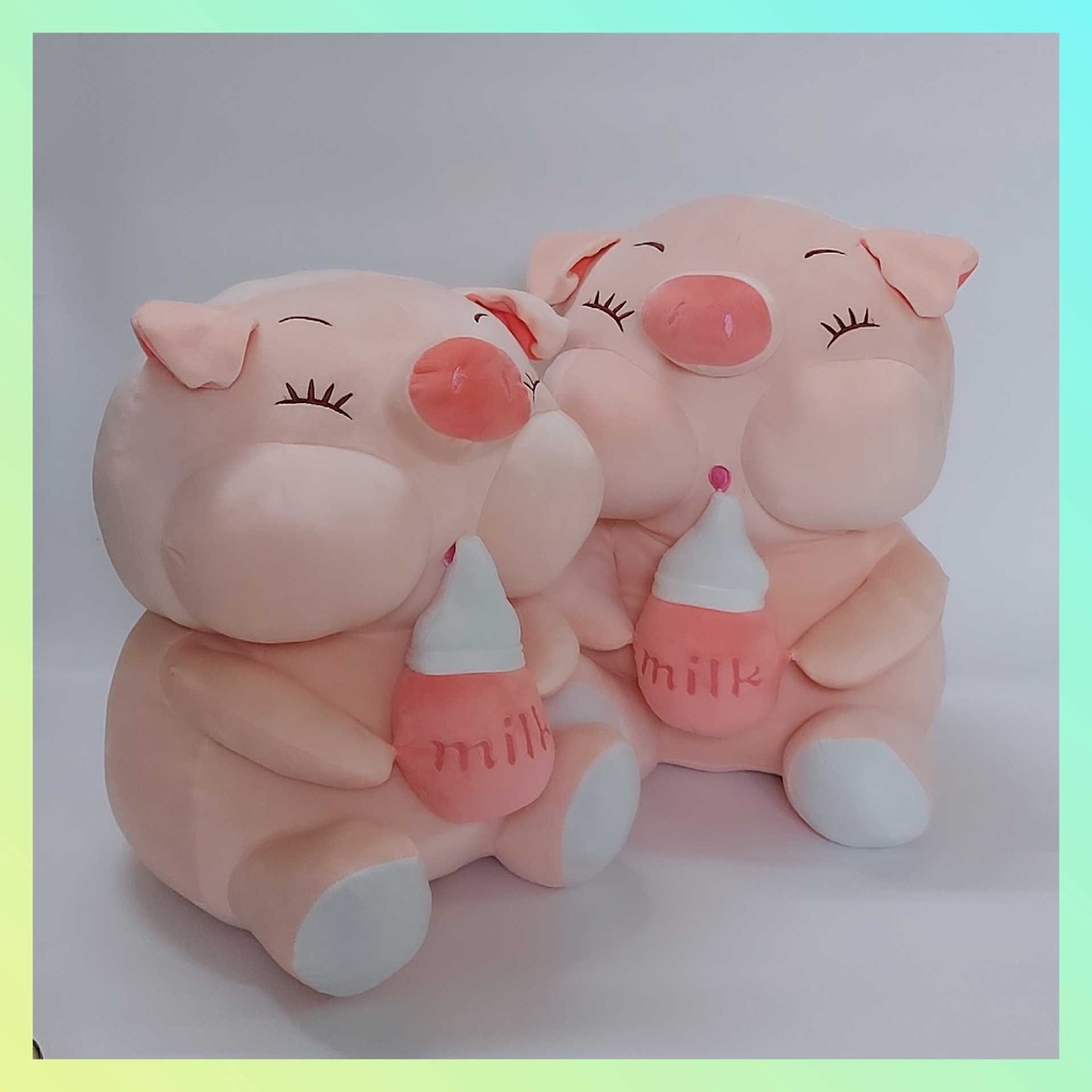 Gâu bông heo ôm binh sữa cute 50 cm ,thú bông lợn bú bình vải nhung