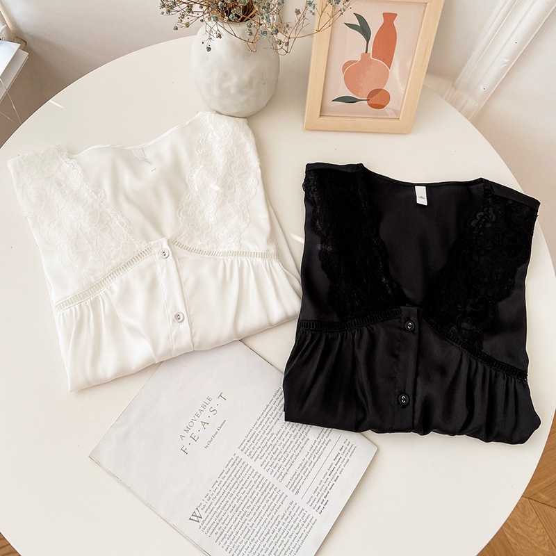 Bộ Đồ Ngủ Bằng Lụa Mát Cổ Chữ V Thoáng Khí Sang Trọng Dành Cho Nữ