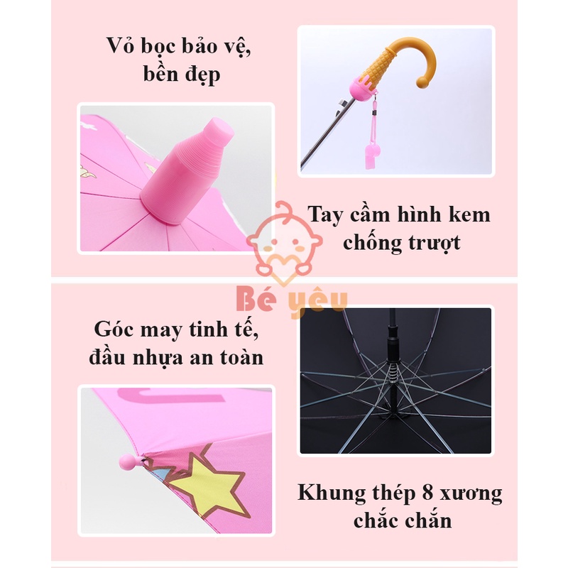 Ô Dù Đi Nắng Che Mưa Pony, Unicorn Màu Hồng Cho Bé Gái Tặng Kèm Còi - Ô Dù Trẻ Em Cao Cấp Cán Dài