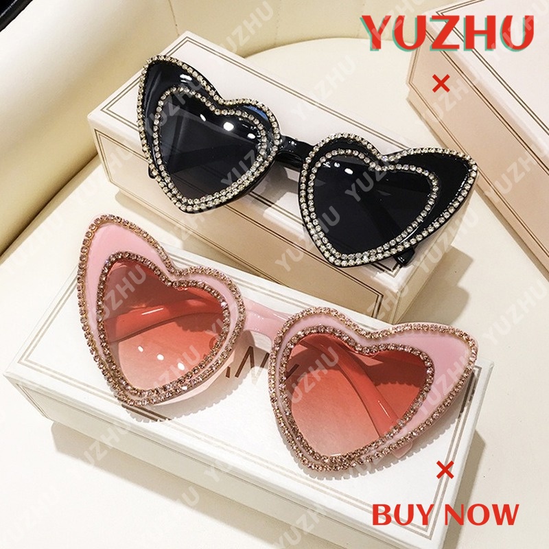 (YUZHU) Kính Mát Gọng Hình Trái Tim Đính Kim Cương Thời Trang Oversized