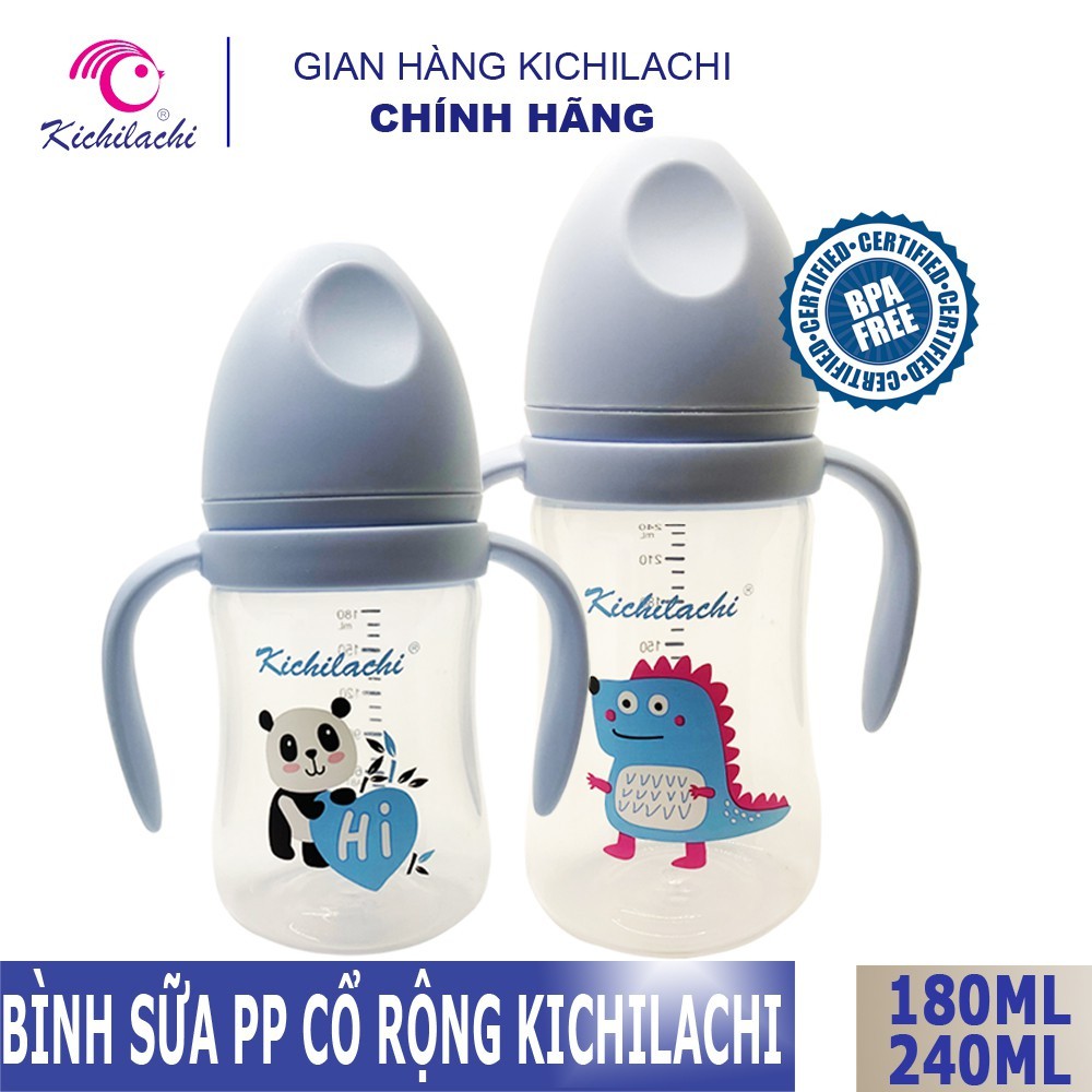 Bình Sữa [KICHILACHI Chính Hãng] Cổ Rộng PP 180ml/240ml, Núm Vú Silicone Siêu Mềm, Chống Sặc Và Chống Đầy Hơi - HBQ Kids