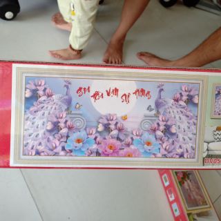 Tranh đính đá gia hoà vạn sự hưng chim công ba bức bình hoa đẹp kt 100*50cm(hình thật)