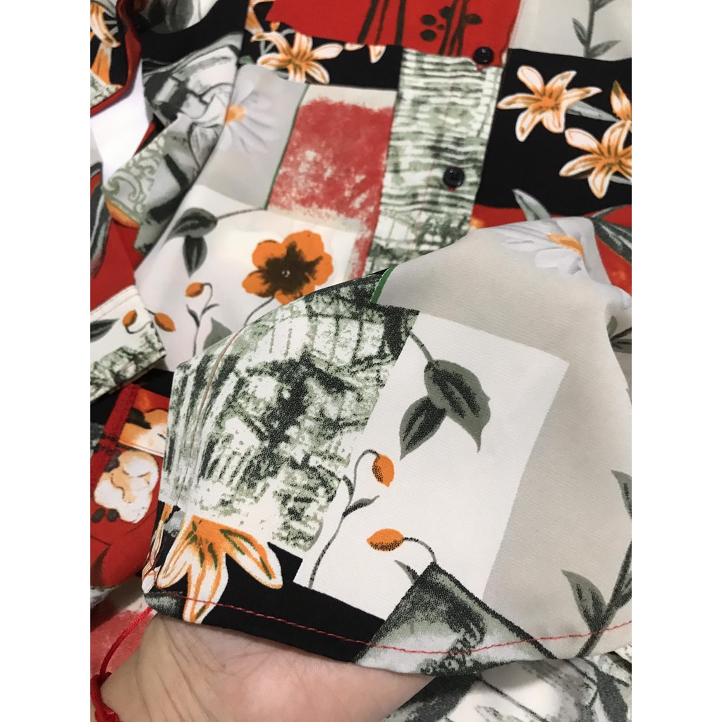 Áo Sơ Mi Nữ Tay Dài hoa đỏ lụa mango form vừa