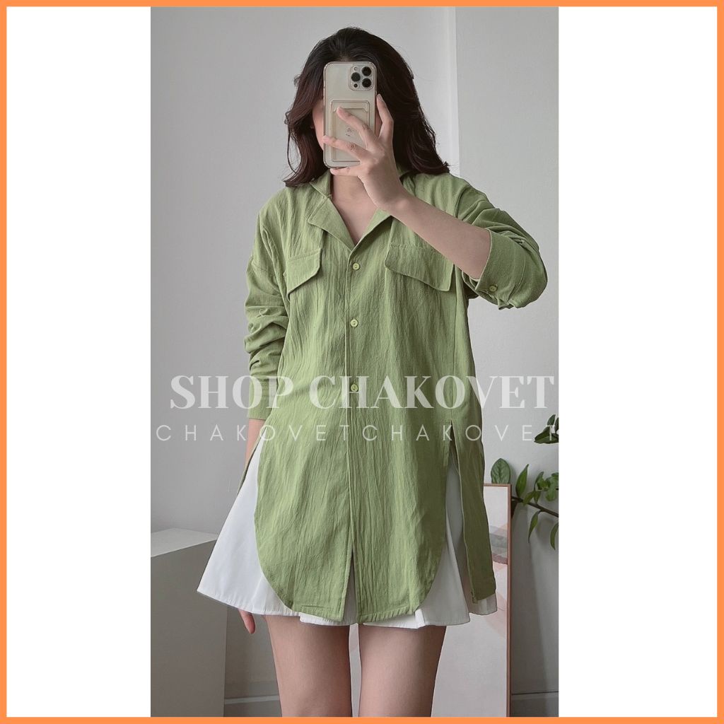 Áo sơ mi nữ dài tay Uzzang Vintage A8423 Áo đũi cổ Vest xẻ tà giả túi học sinh, công sở mặc siêu đẹp - CHAKOVET