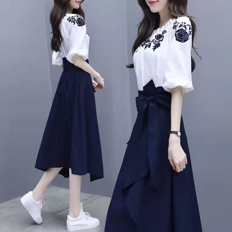 Set áo sơ mi dài tay + chân váy dài in họa tiết thời trang nữ
