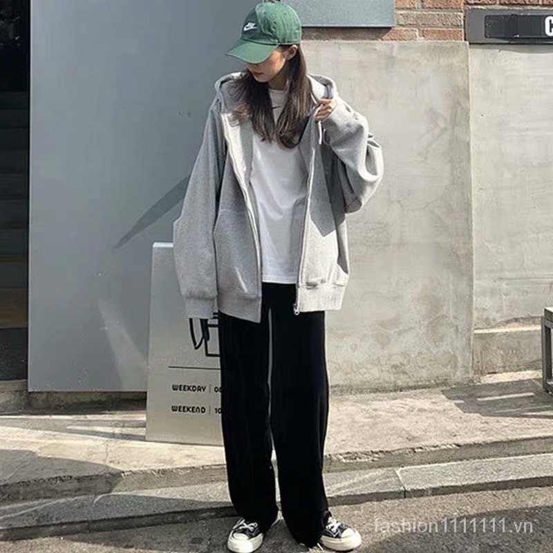 【M-5XL】Áo hoodie trơn có khóa kéo phong cách Hàn Quốc cổ điển size lớn