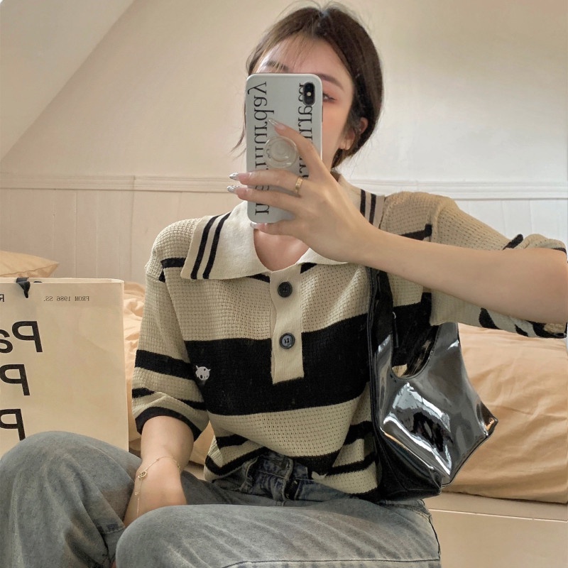 Áo Thun Polo Dệt Kim Tay Ngắn Dáng Rộng Kẻ Sọc Ngang Trẻ Trung Hợp Thời Trang