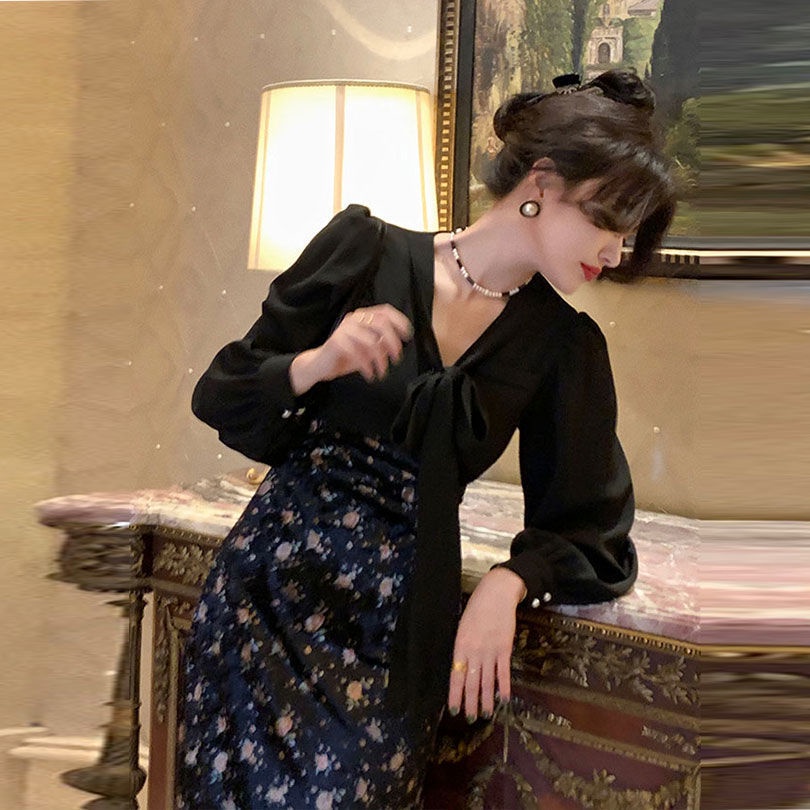 Đầm Midi Tay Dài Hai Màu Sắc Thời Trang Mùa Thu Phong Cách Pháp Cho Nữ