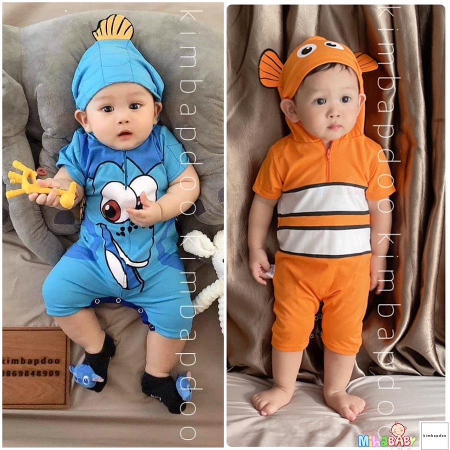 Bộ Bodysuit Đùi Liền Nón Dây Kéo Cao Cấp Hình Cá Dory Nemo Cho Bé - BDSDUILIENNON_DORY