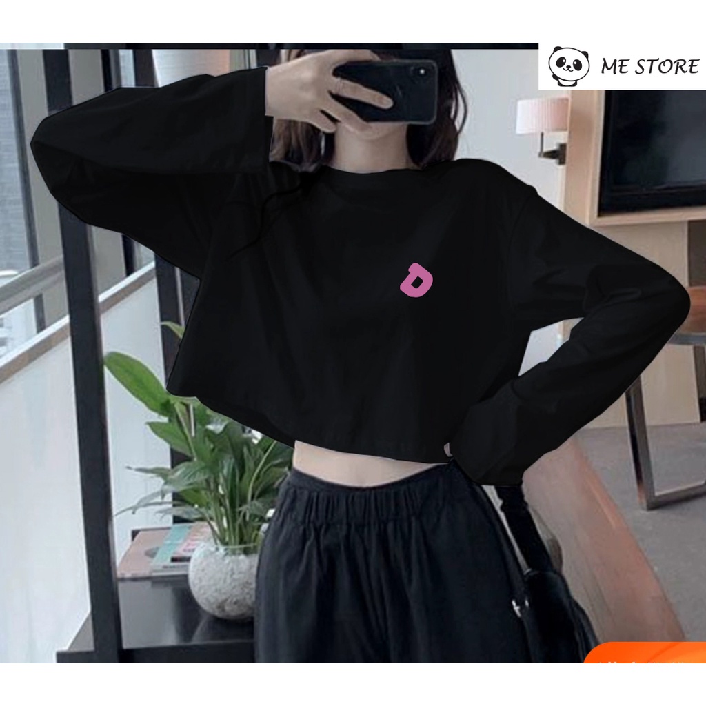 Áo thun tay dài thu đông croptop in hình chữ D Ulzzang form rộng dáng rộng chất liệu 100% cotton