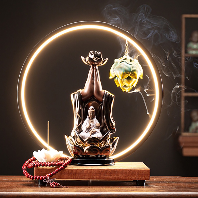 Thác Khói Trầm Hương Quan Âm Ngồi Đài Sen Hàng Nhập Khẩu Cao Cấp, Tặng Kèm Nụ Trầm Hương Khói Ngược