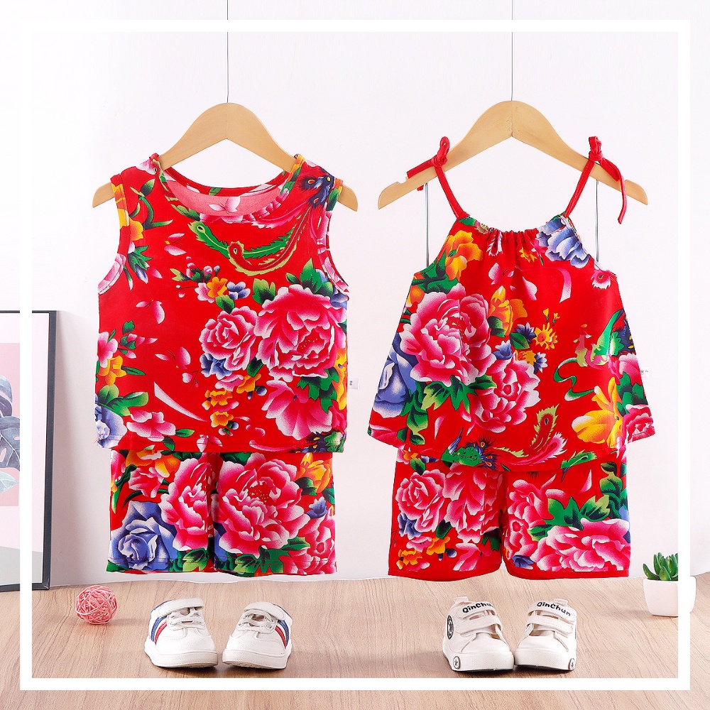 Set Áo Cộc Tay Thắt Nơ Cổ + Quần Short In Hoa Cho Bé Gái