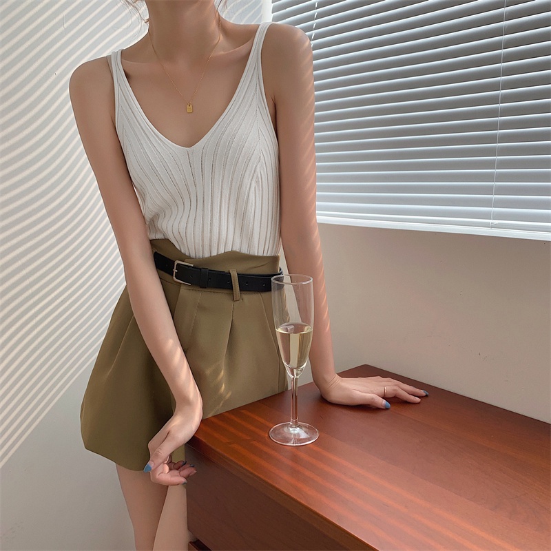 Áo dệt kim SUXI không tay cổ chữ v màu sắc đơn giản thời trang mùa hè dành cho nữ