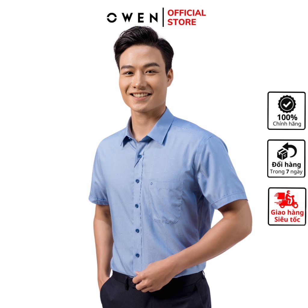 Áo sơ mi nam ngắn tay OWEN BA220401NT somi công sở vải bạc hà cao cấp màu caro xanh dáng suông tà bằng có túi
