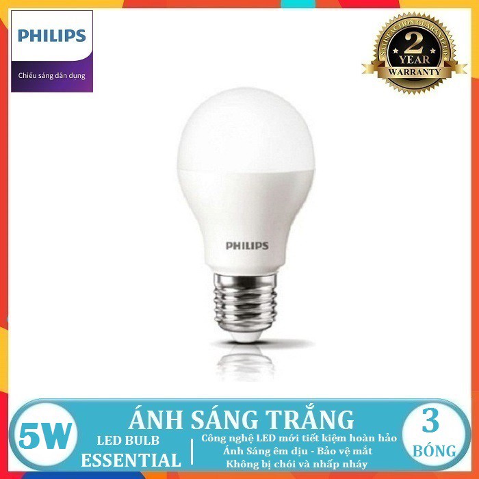 BỘ 3 - BÓNG ĐÈN LED BULB PHILIPS ESSENTIAL 5W E27 A60 ( TIẾT KIỆM ĐIỆN - 2 MÀU ÁNH SÁNG LỰA CHỌN TRẮNG VÀ VÀNG )