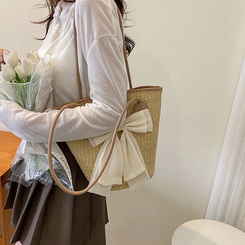 Túi cói đeo vai YADOU đính nơ thời trang xinh xắn cho nữ