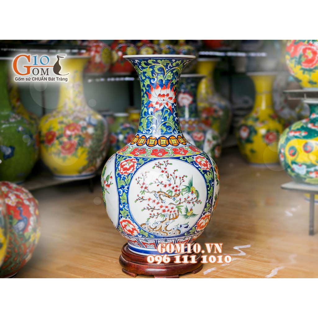 Bình hoa nền trắng dáng tỏi vẽ Tứ Cảnh 62cm