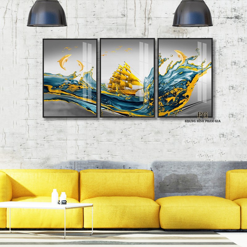Tranh Tráng Gương Pha Lê Decor Tranh cá thuyền gặp sóng lớn Nghệ Thuật Trang Trí Phòng Khách Sang Trọng Đẳng Cấp