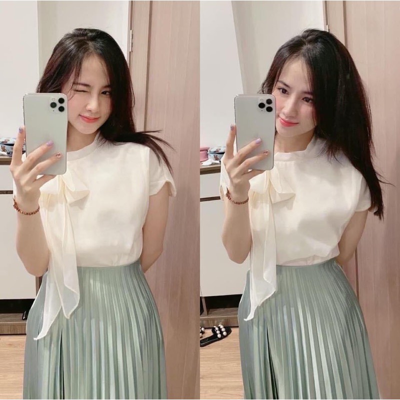 set chân váy xanh mint dập ly + sơmi trắng thắt nơ | BigBuy360 - bigbuy360.vn