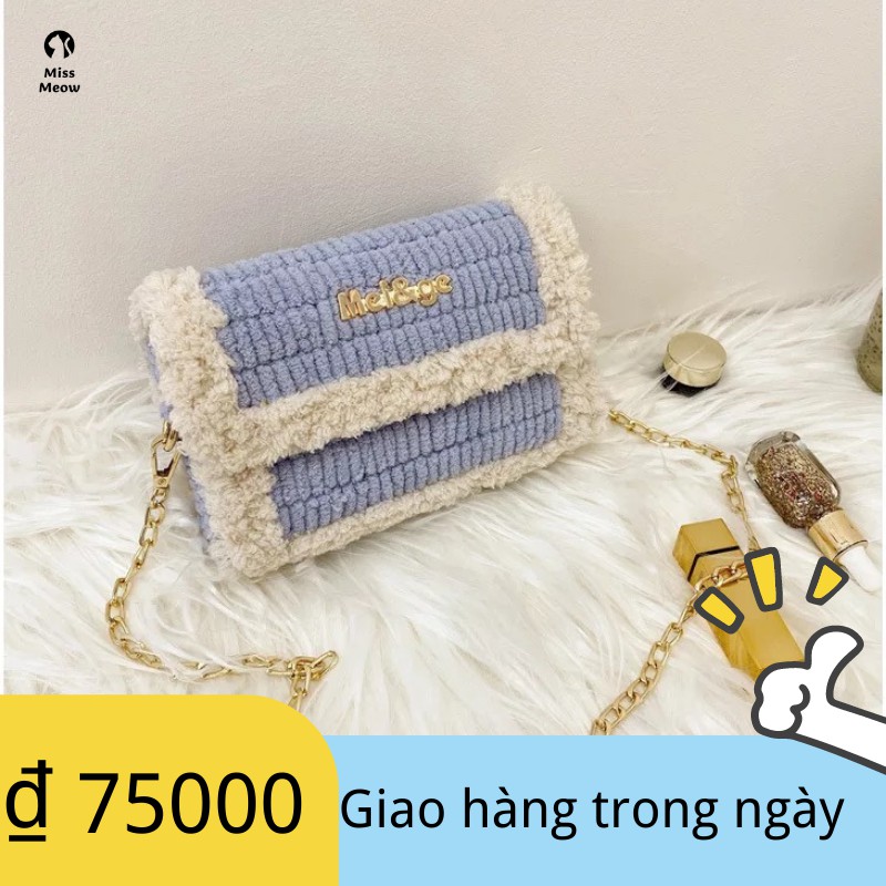 Miss Meow Túi Handmade Tự Đan Đầy Đủ Phụ Kiện Gồm Len Mịn Cancas cắt sẵn Dây Xích Chắc Chắn cực hot