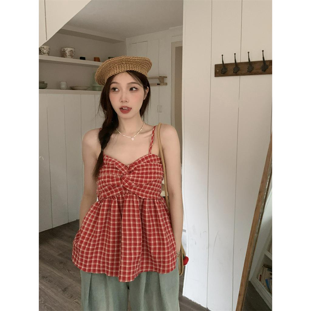 Áo Hai Dây Họa Tiết Sọc Caro Phong Cách Retro Hàn Quốc  tao bao