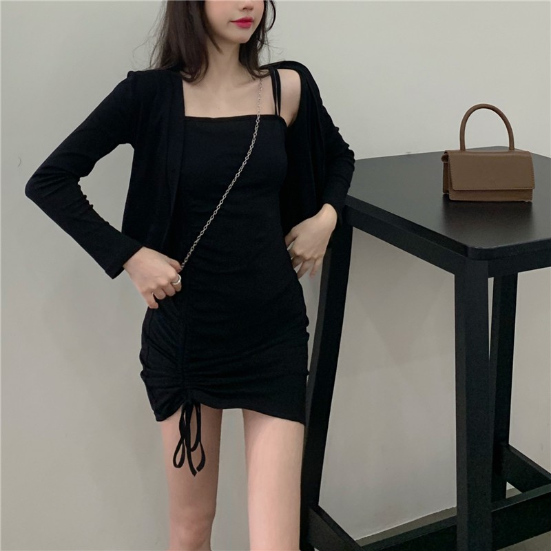 Váy 2 Dây Body Dây Rút Trơn Kèm Khoác LSEOUL V1203 Thoáng Mát Nữ Tính Năng Động