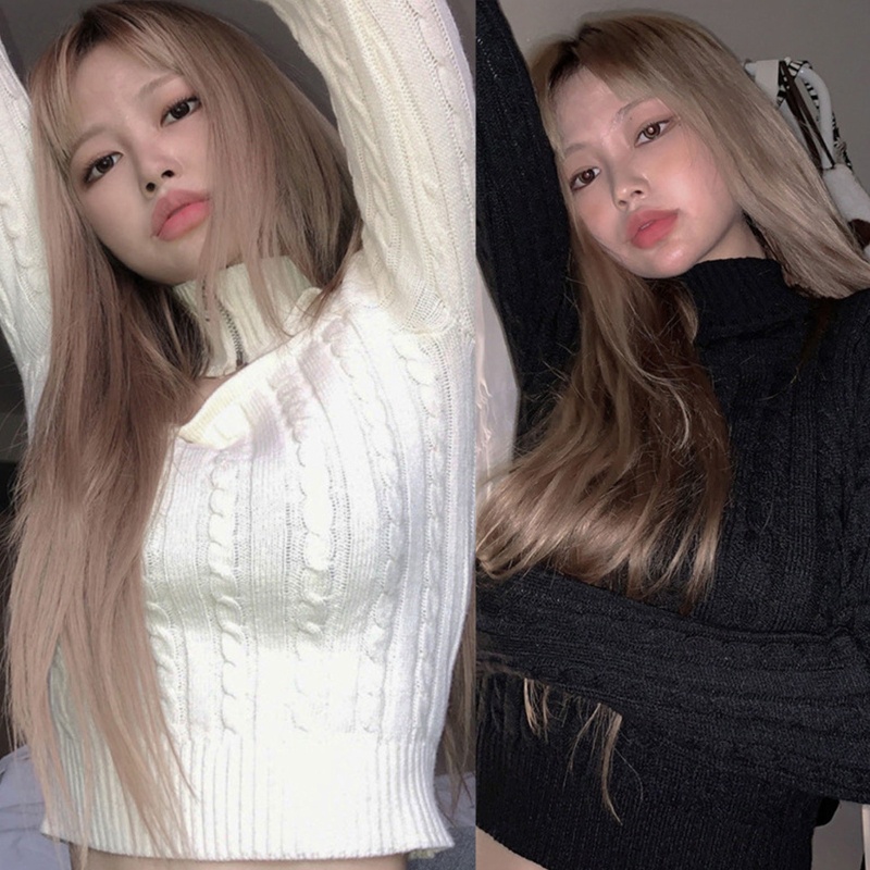 Áo Croptop Dệt Kim Tay Dài Cổ Lọ Phối Khóa Kéo Trước Màu Trơn Phong Cách Harajuku Quyến Rũ Cho Nữ