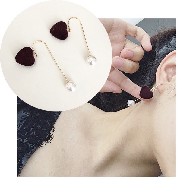 Bông tai trái tim bọc vải nhung dáng dài