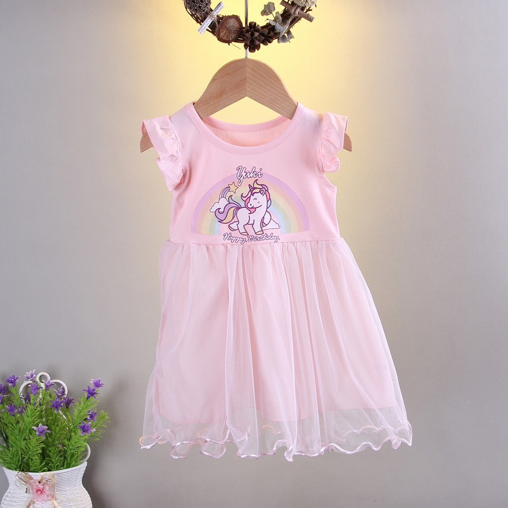 VÁY ĐẦM CHO BÉ GÁI CAYABE VOAN XÒE NGỰA UNICORN - PONY HỒNG NHẠT TAY CÁNH TIÊN (QUẦN ÁO TRẺ EM)