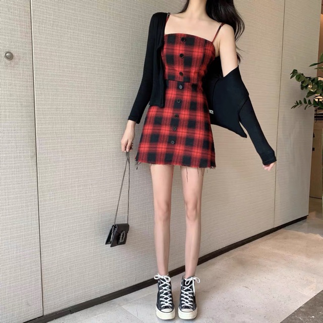 (Order 5-10days) Size S-4XL Set váy 2 dây kẻ caro + áo khoác ngoài mỏng 2020 | BigBuy360 - bigbuy360.vn