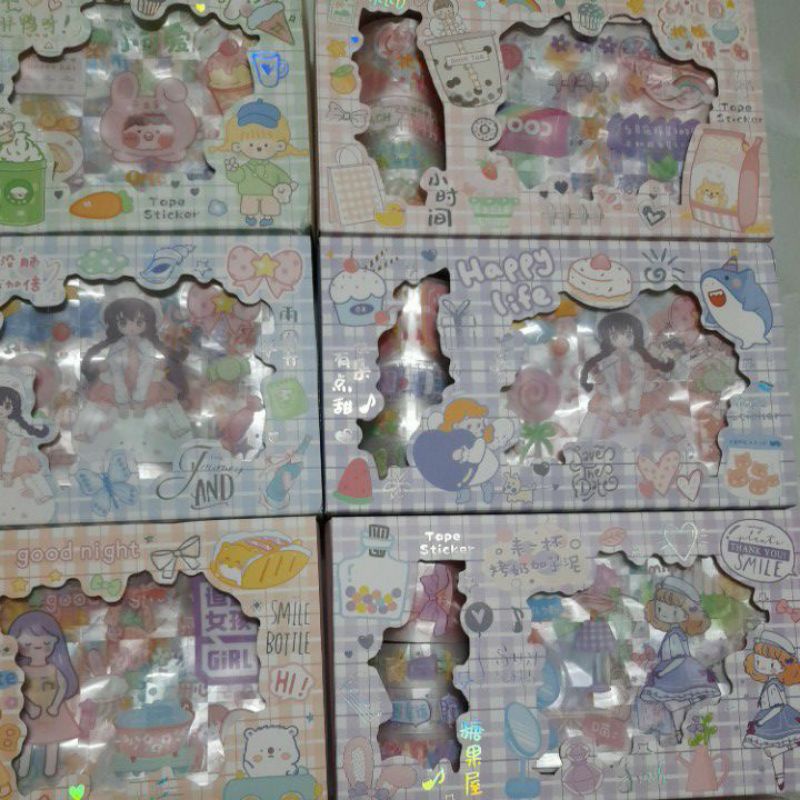 Hộp 4 cuộn washi kèm 10 bộ sticker cắt sẵn