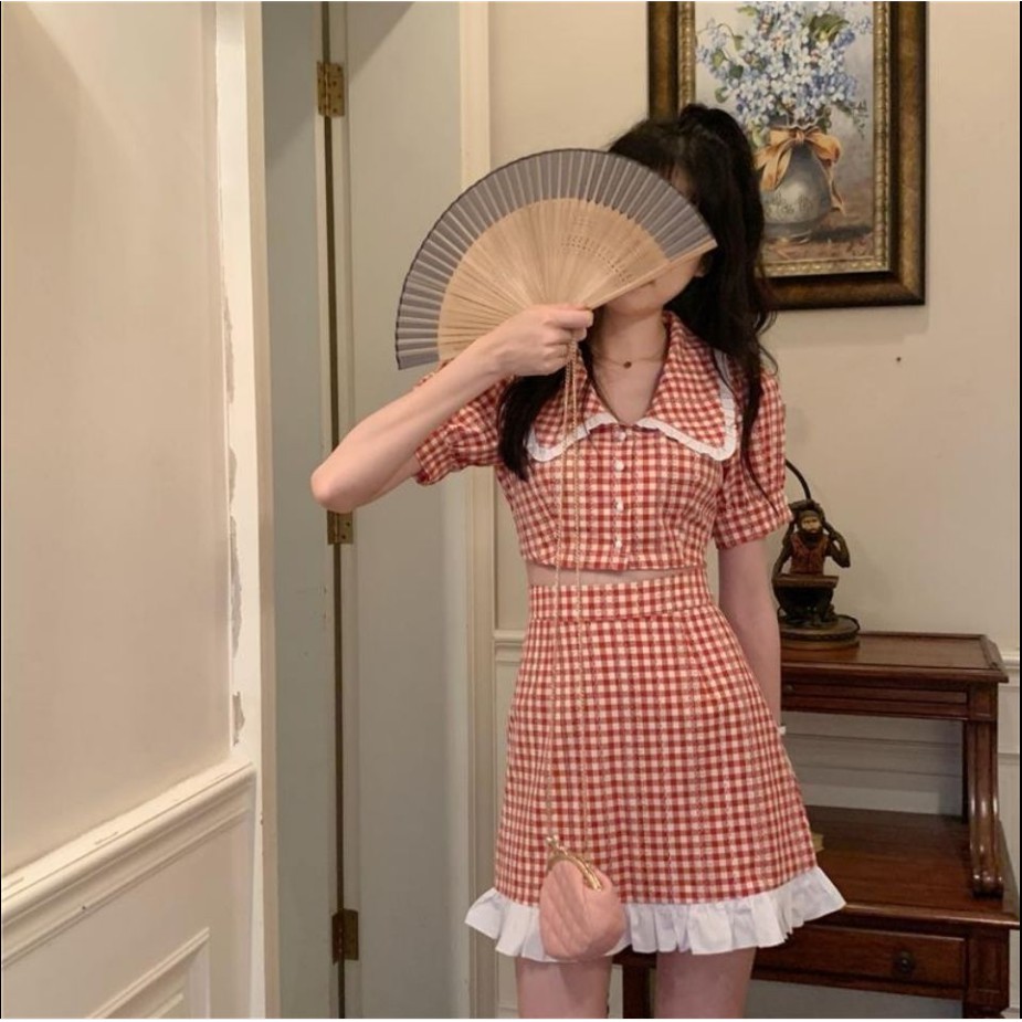 Set áo sơ mi ngắn tay và chân váy dễ thương thời trang dành cho nữ