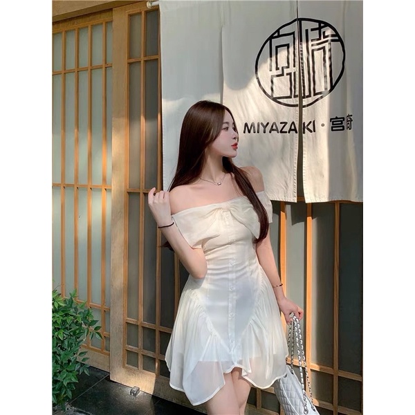 SẴN🎀Váy ulzzang ngắn voan tơ tiểu thư trễ vai nơ ngực dễ thương/ Đầm trễ vai xoè cánh tiên công chúa