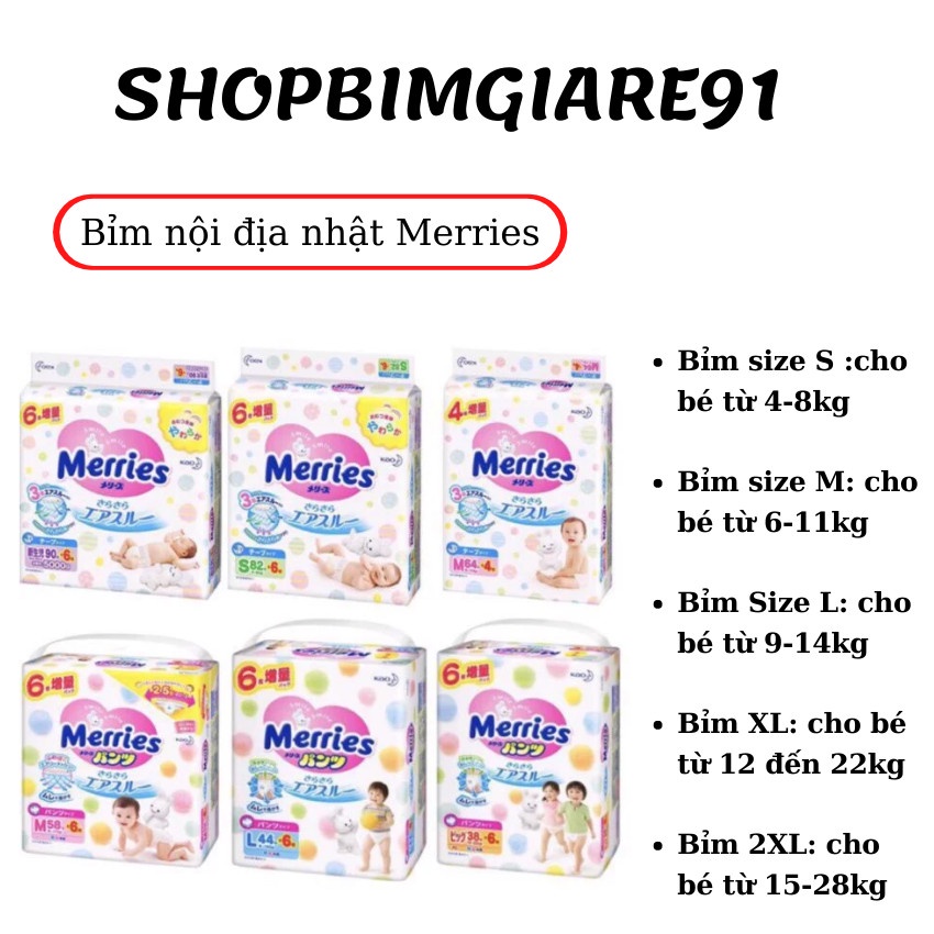 Bỉm nội địa nhật Merries hàng cộng miếng đủ size Dán /Quần NB96/S82/m68/m64/l58/l50/xl44