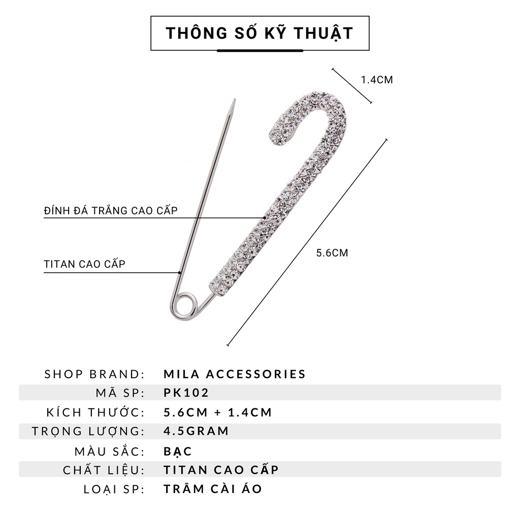 Trâm cài áo nữ đính đá đẹp MILA PK102 ❤️SANG TRỌNG❤️Titan cao cấp không gỉ kết hợp đính đá trắng Mila Accessories