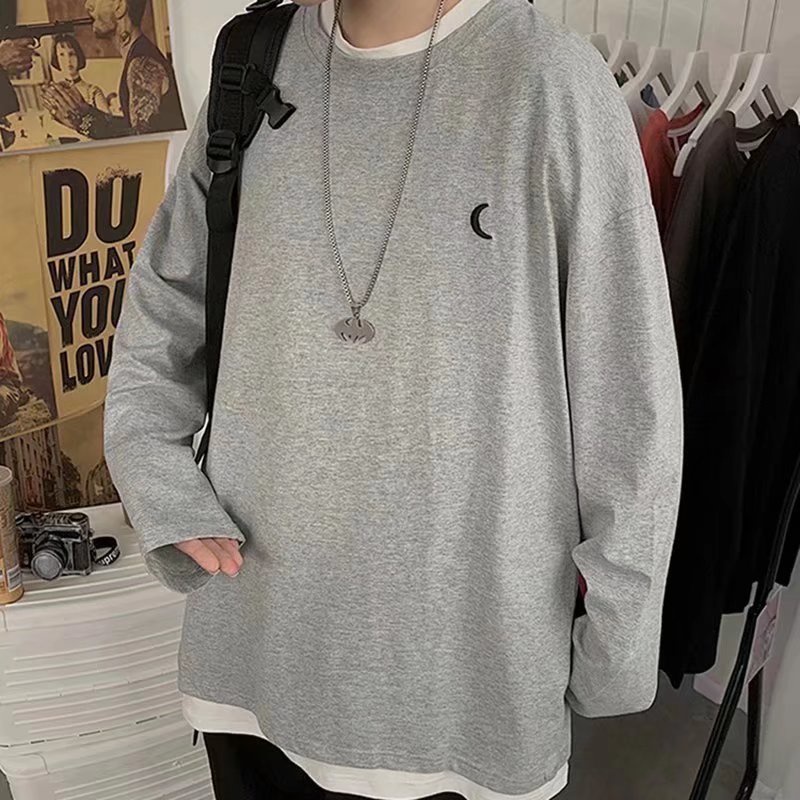 Áo Thun Nam Tay Dài Unisex Form Rộng - TTD27 Vwill - Chất Cotton Mềm Mát - Oversize &lt; 75kg -Áo thun dài tay cổ tròn thời trang in hình mặt trăng nhỏ