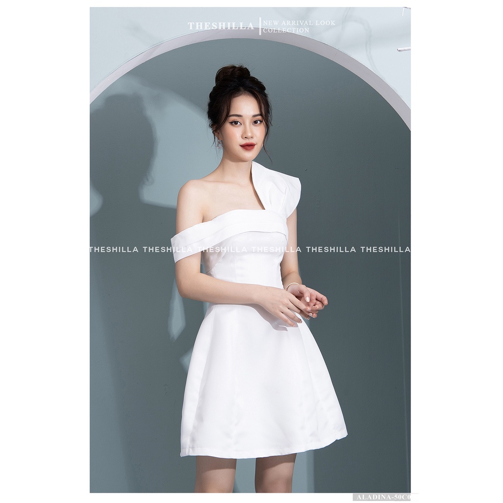 Váy thiết kế cao cấp màu trắng lệch vai phối nơ trên ngực [ Có video + Ảnh thật ] The Shilla - Aladina-50C0