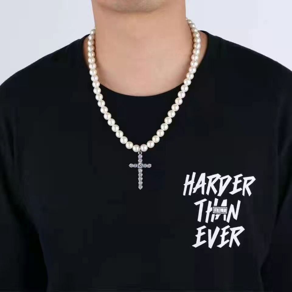 Dây Chuyền Ngọc Trai Nhân Tạo Mặt Thánh Giá Đính Đá Phong Cách Hiphop Dành Cho Cả Nam Và Nữ