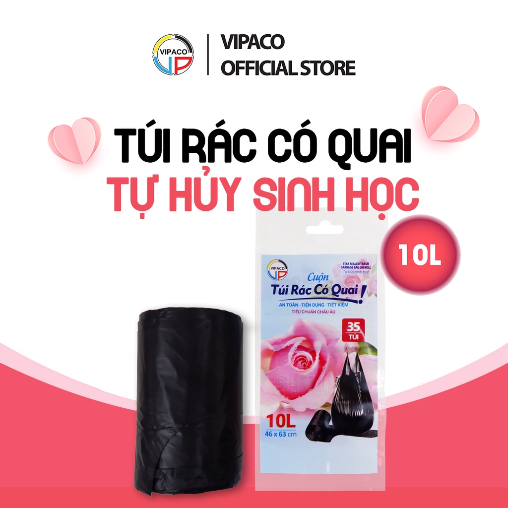 Túi đựng rác có quai xách tự hủy sinh học Vipaco cuộn 10L chắc chắn không mùi chịu tải cao