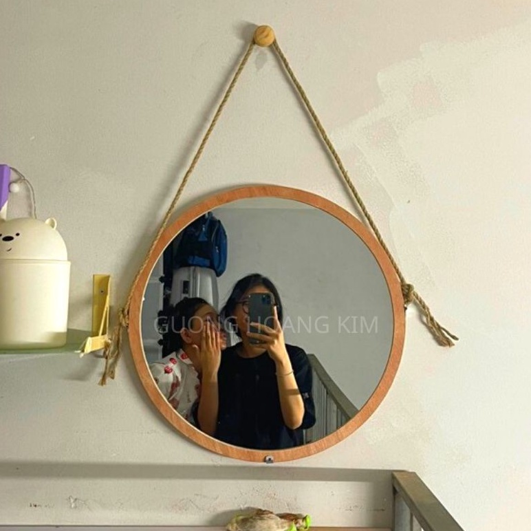 Gương decor, Gương tròn bàn trang điểm treo tường soi mặt trang trí phòng ngủ viền gỗ tặng phụ kiện GUONGHOANGKIM