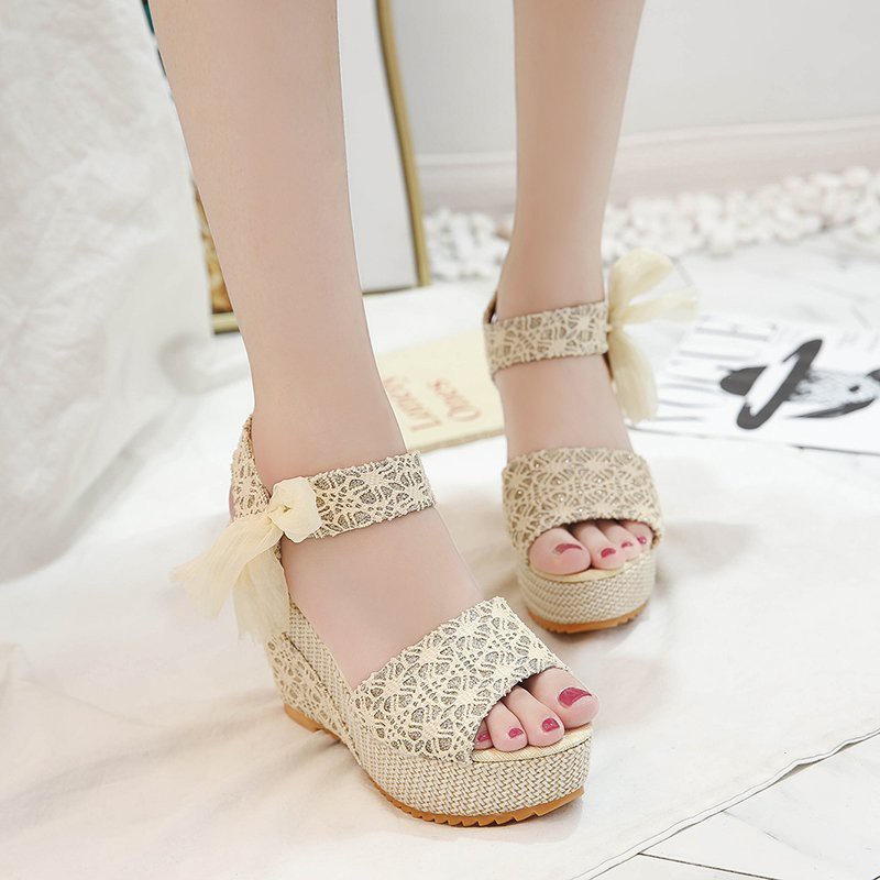 Giày sandal đế xuồng hở mũi phong cách Hàn quốc🎀Giày cao gót đế dày đính nơ xinh xắn thời trang