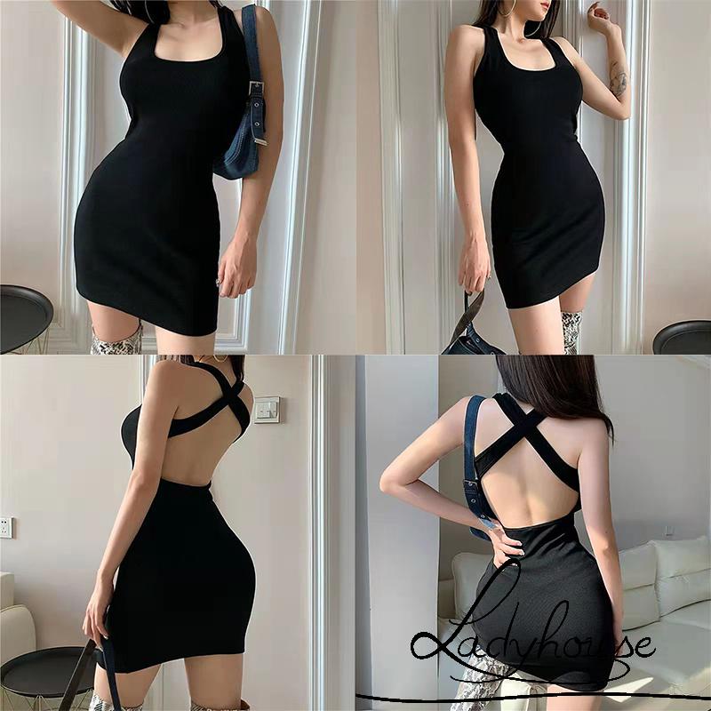 Đầm Ngắn Không Tay Cổ Chữ U Hở Lưng Màu Trơn Thời Trang Mùa Hè Cho Nữ